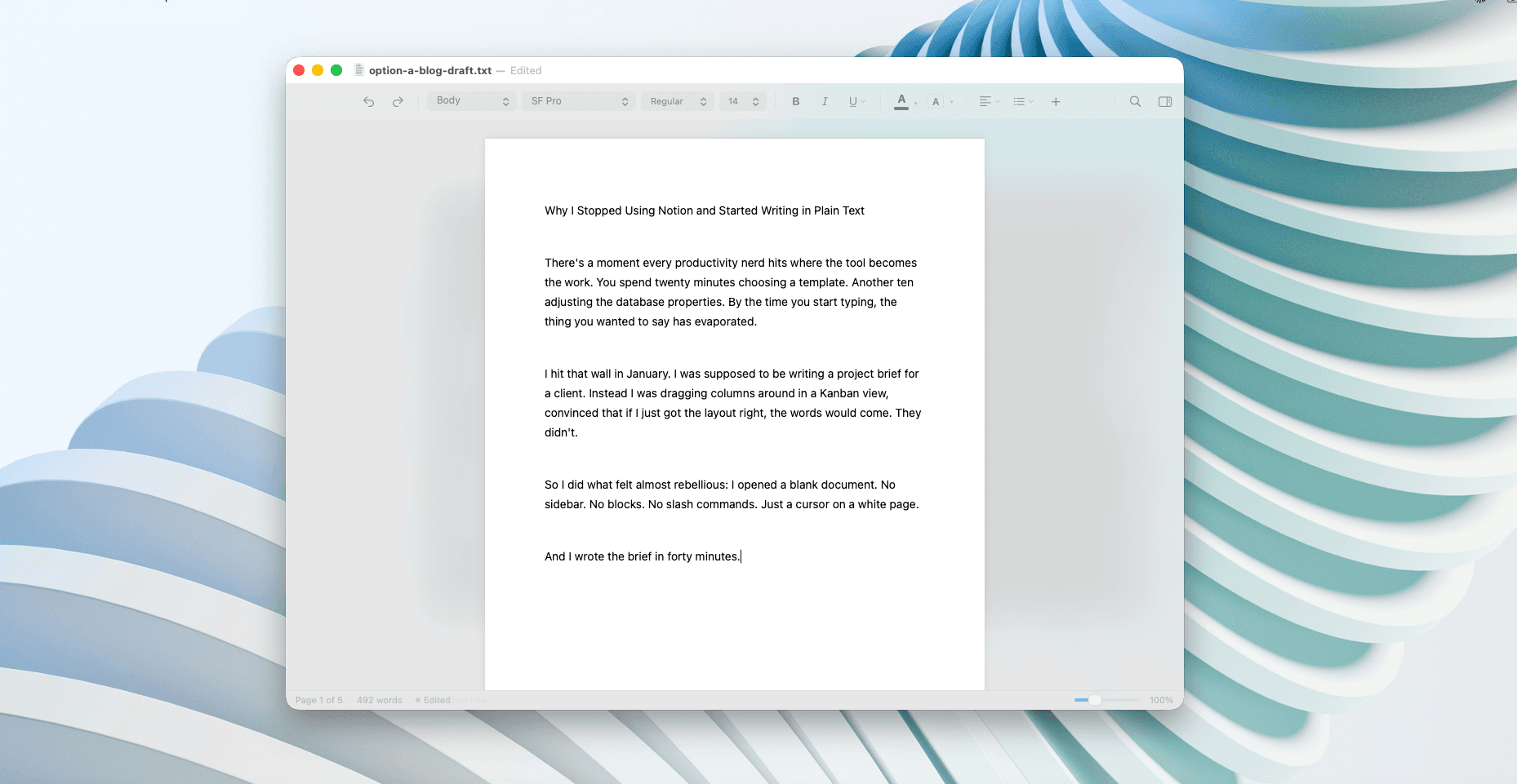 Verso word processor running on macOS with a blog draft open