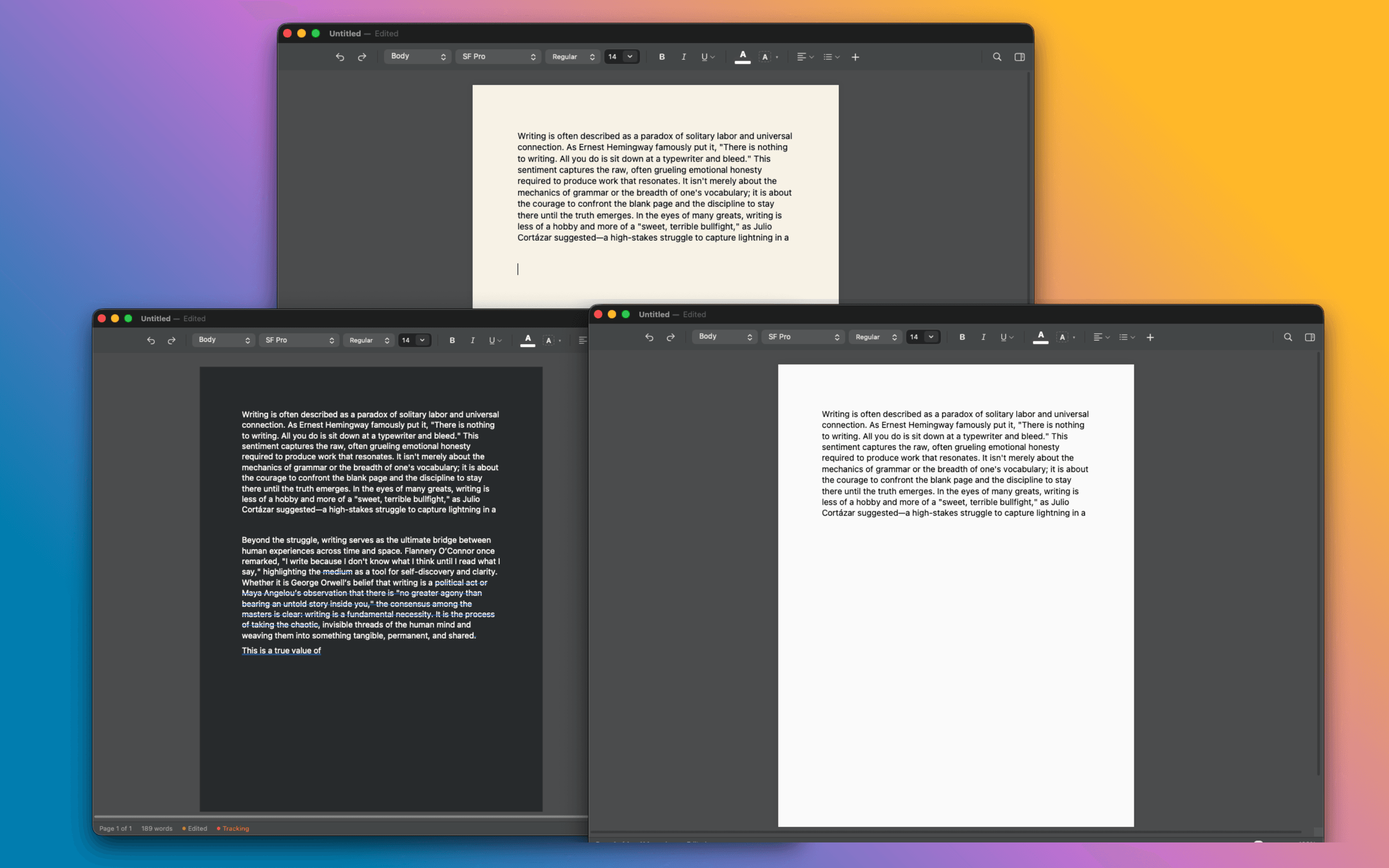 Verso word processor showing Sepia, Off-White, and Dark page colour themes side by side