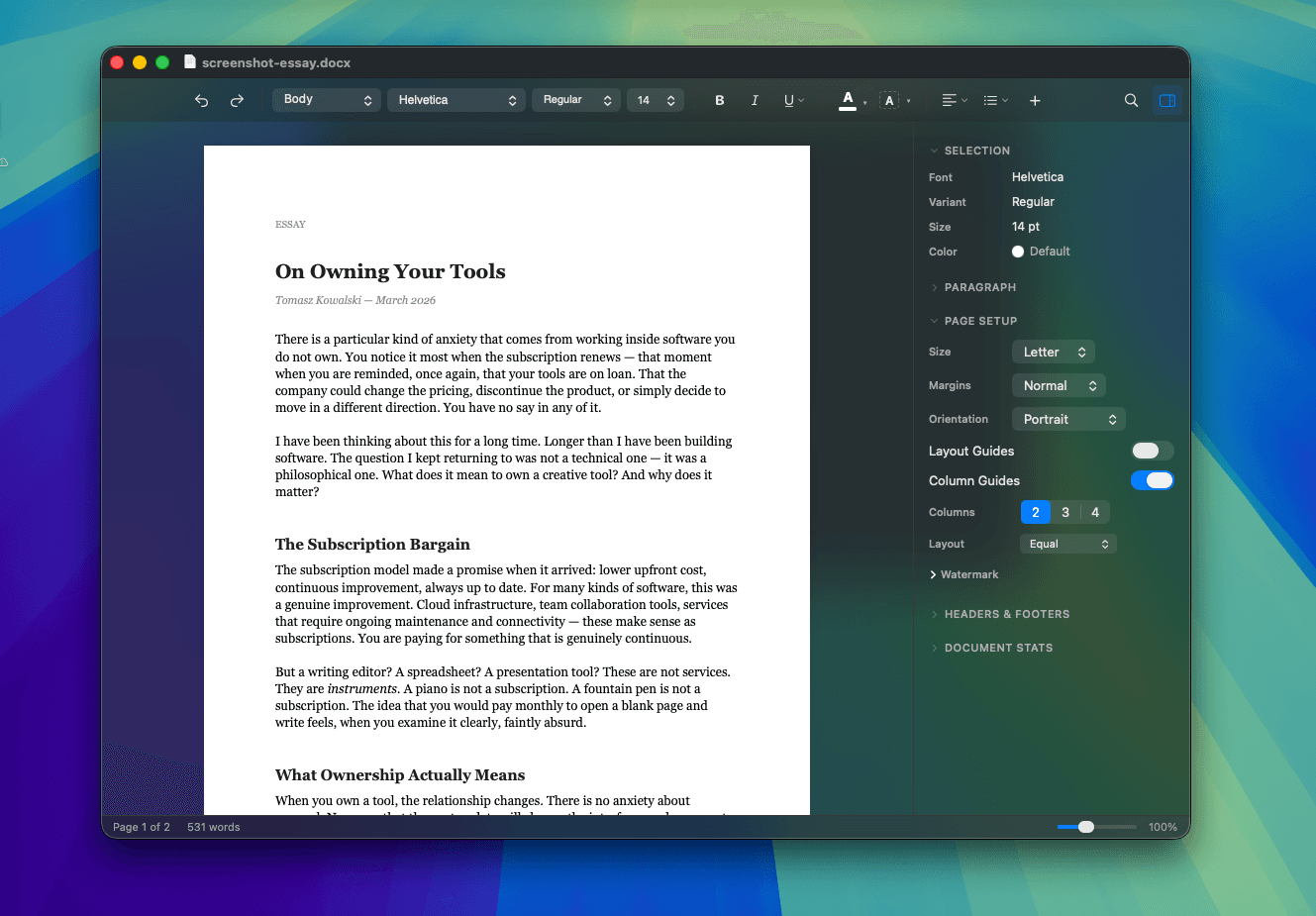 Verso word processor dark mode writing on Mac