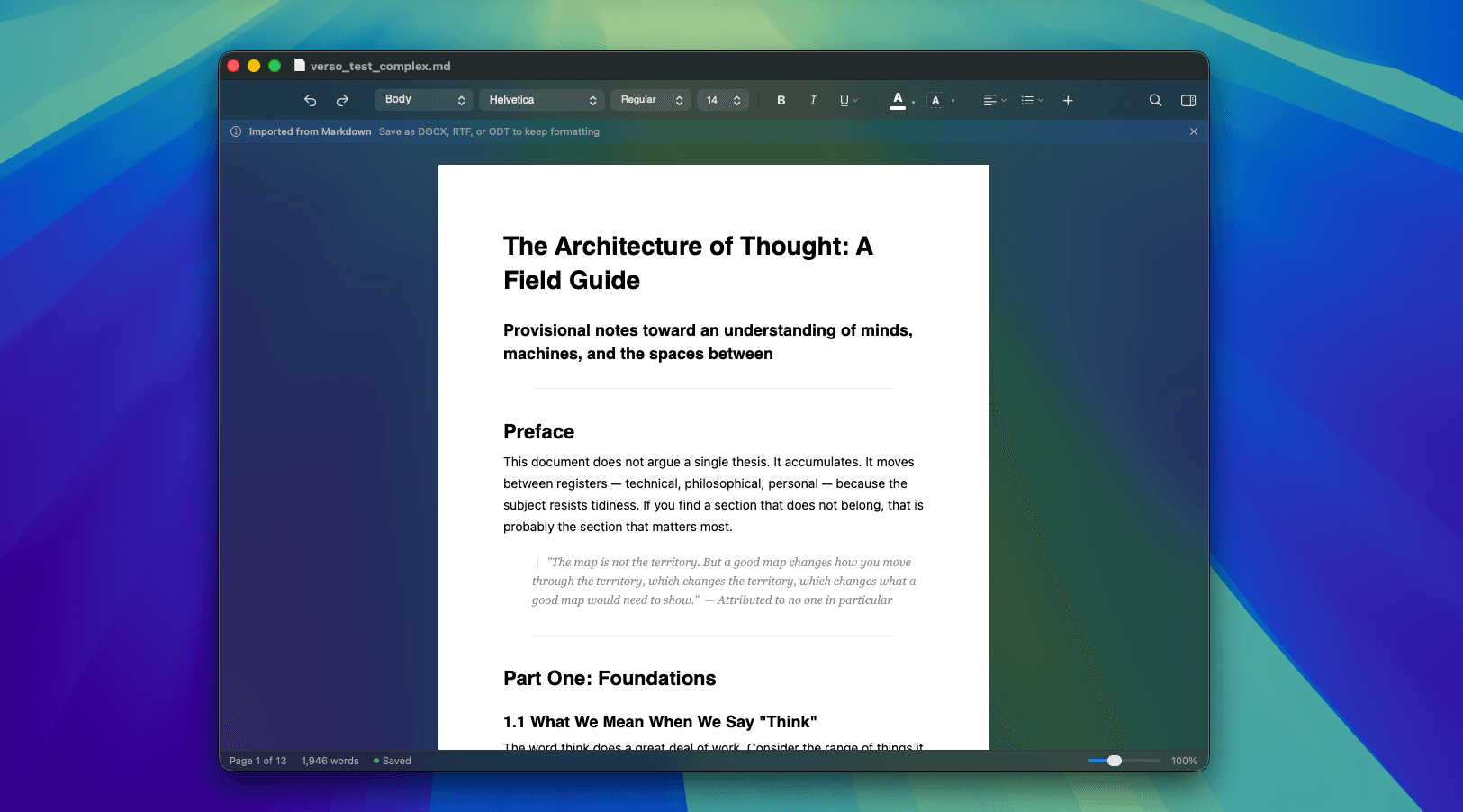 Markdown file imported and rendered as rich text in Verso word processor for Mac