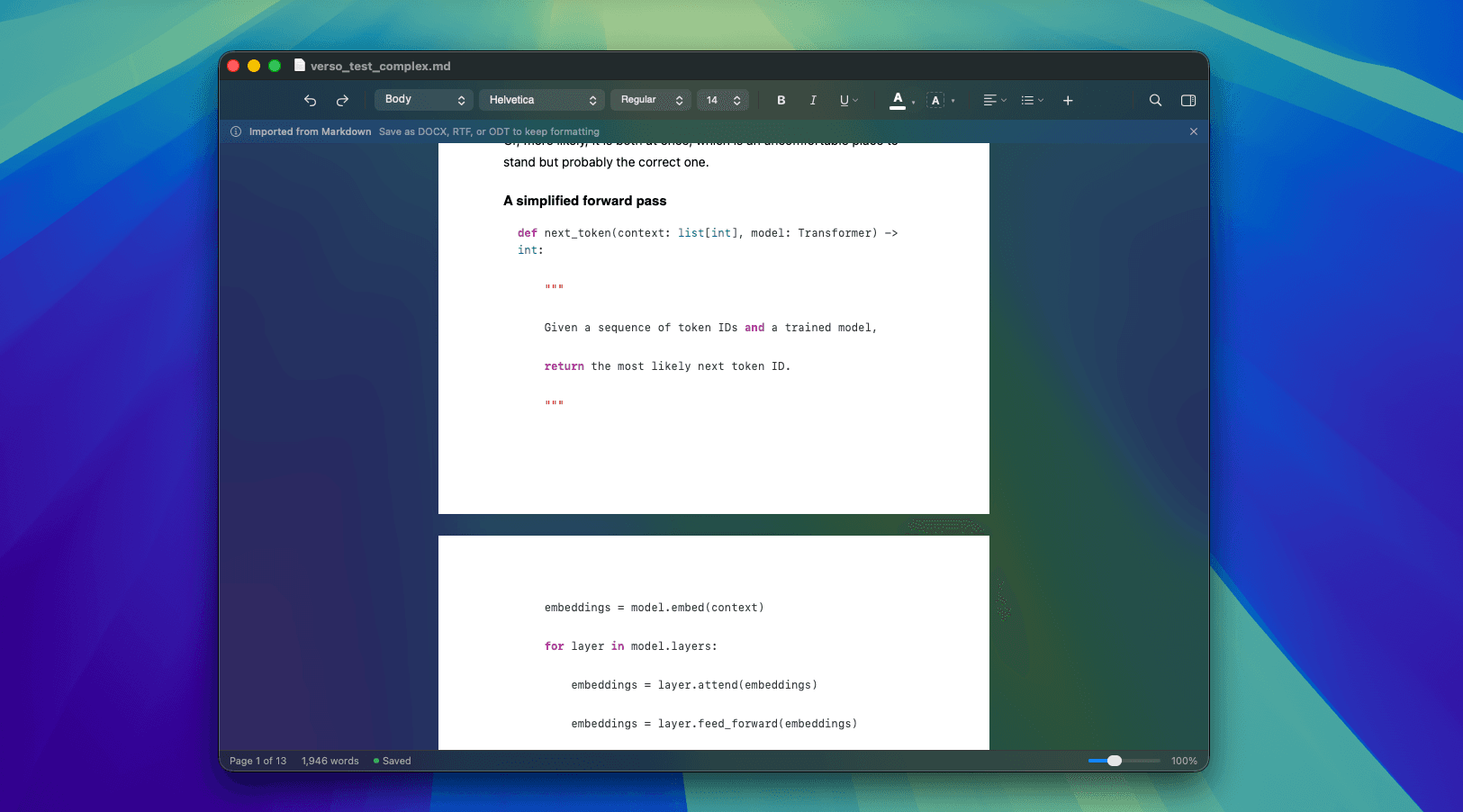 Python code with syntax highlighting in Verso Mac word processor