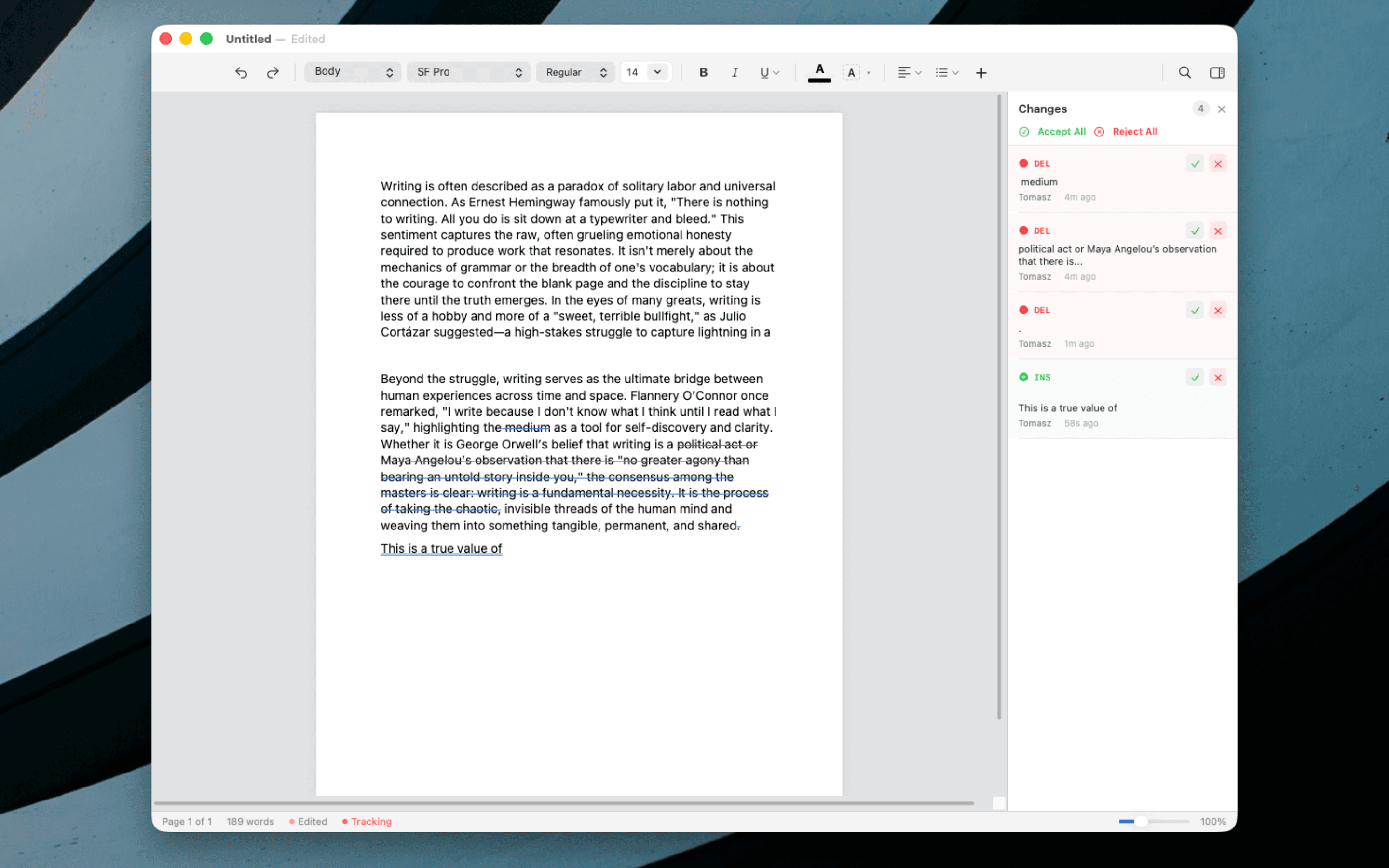 Verso track changes sidebar showing insertions, deletions, and accept/reject buttons