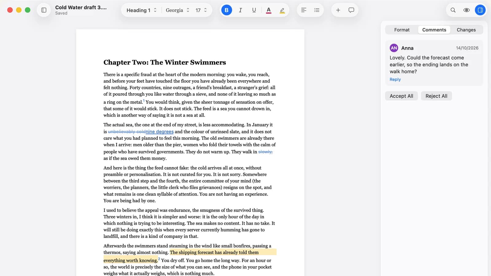 Verso with the inspector on its Comments tab beside a chapter.