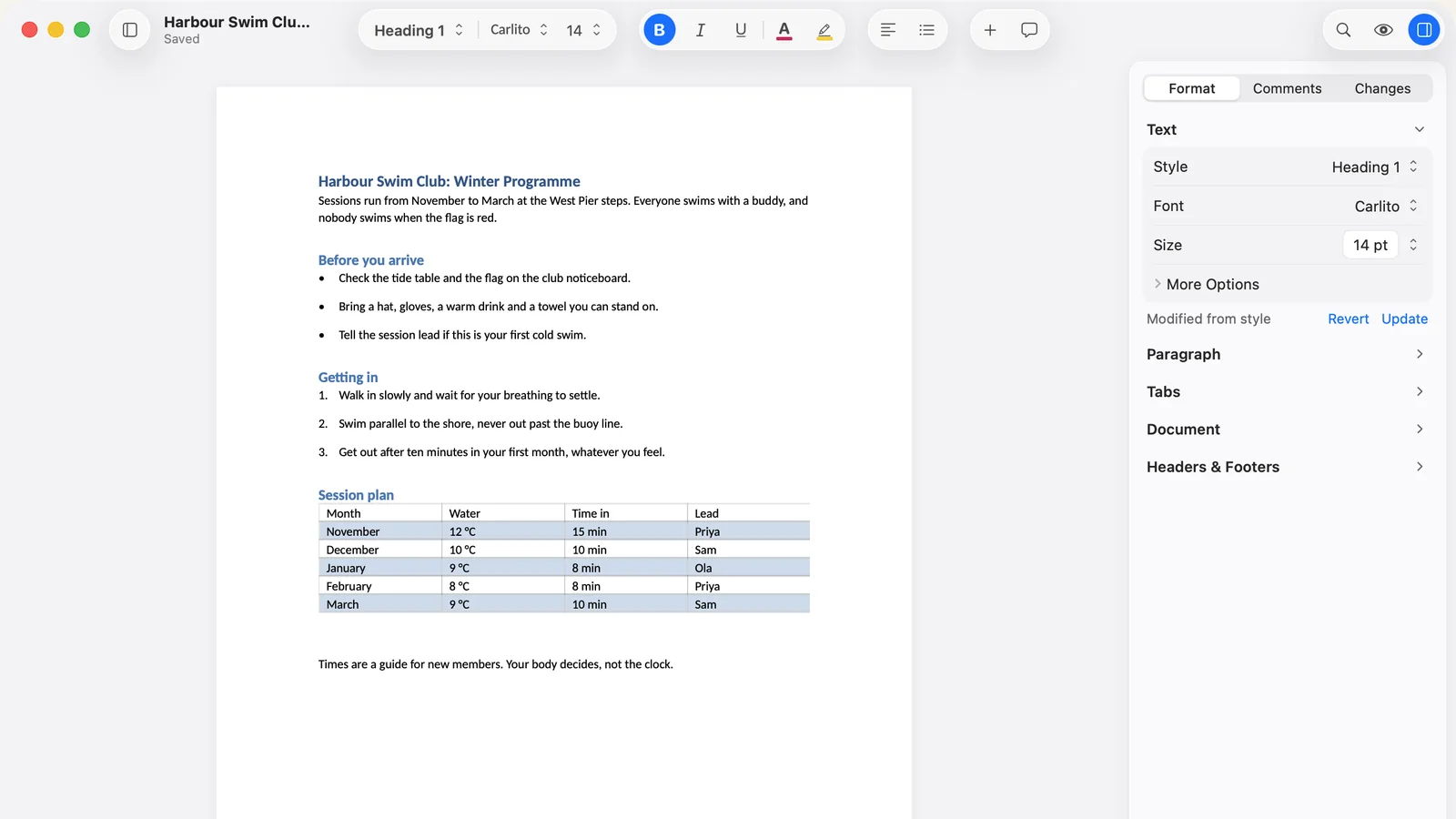 A Word document open in Verso, with headings, lists and a banded table.
