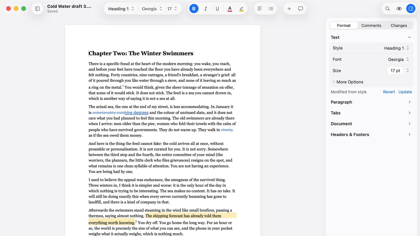 Verso's window with a chapter open and the inspector beside the page on its Format tab.