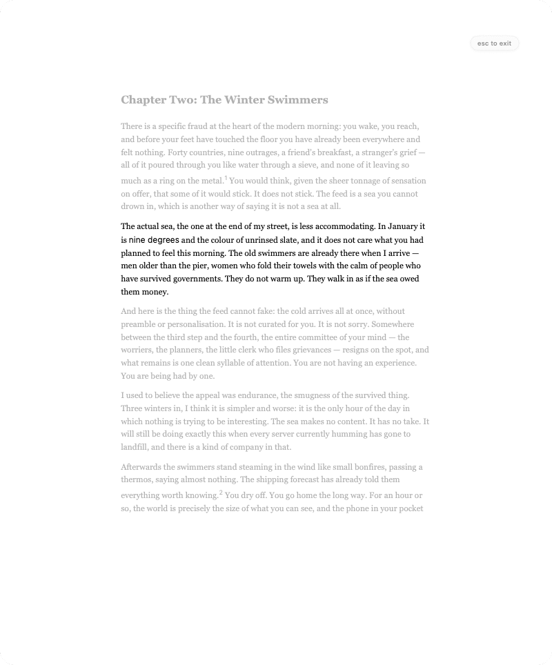 Verso in focus mode: the page alone on a plain background, the paragraph being worked on held at full strength while the rest dims.