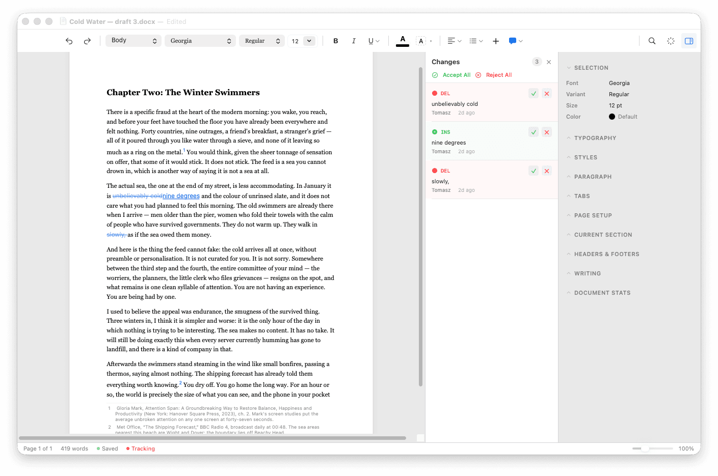 Verso with a chapter open, the Changes panel showing a tracked deletion and insertion, and the inspector on the right.